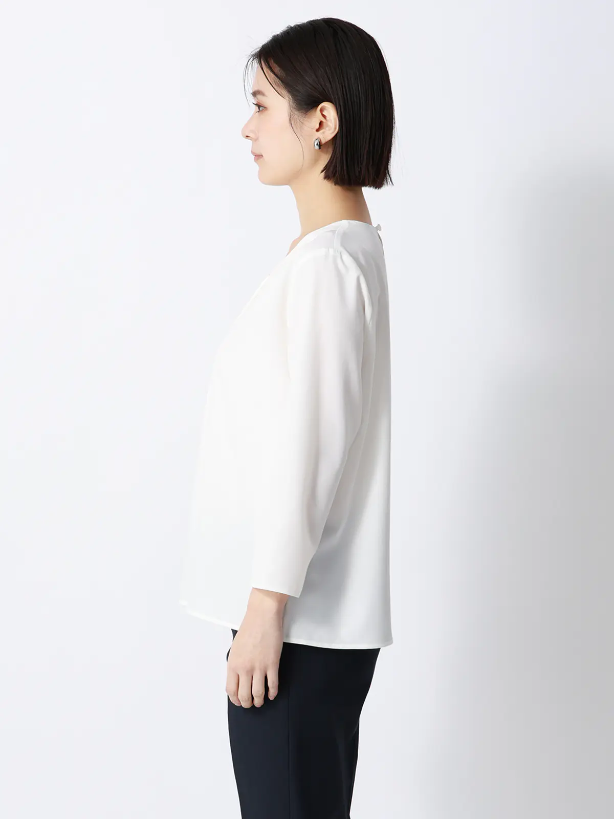 みんなのブラウス／Vネックブラウス／7分袖／ウォッシャブル／ストレッチ／無地 ホワイト M