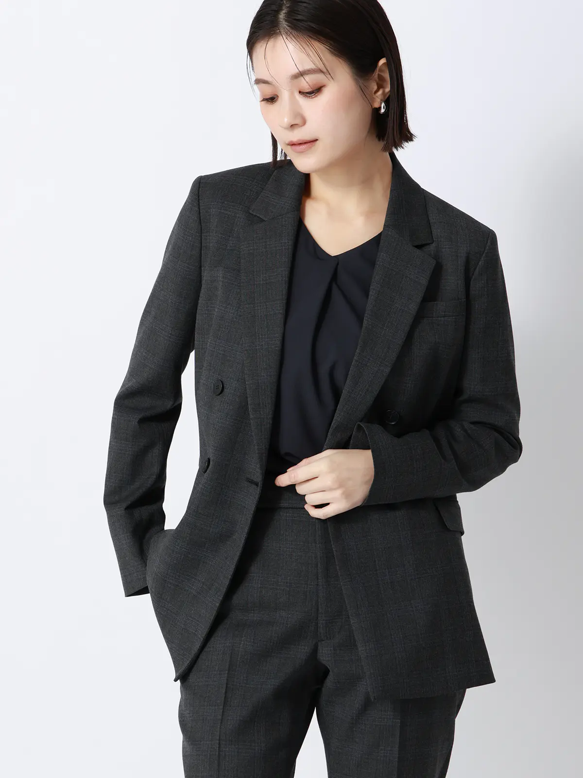 みんなのブラウス／Vネックブラウス／7分袖／ウォッシャブル／ストレッチ／無地 ネイビー M