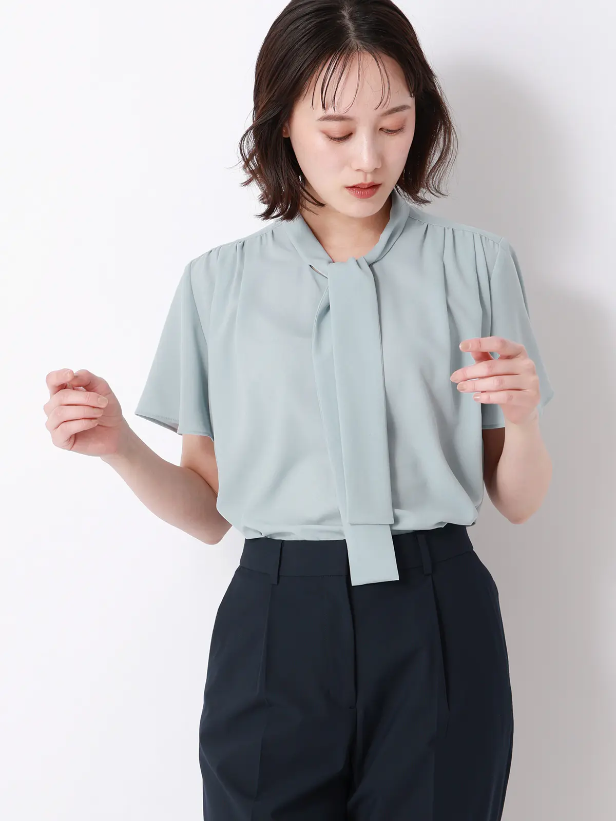リボンブラウス/半袖/ウォッシャブル/接触冷感/ジョーゼット/無地/BIYORI UP ミント F