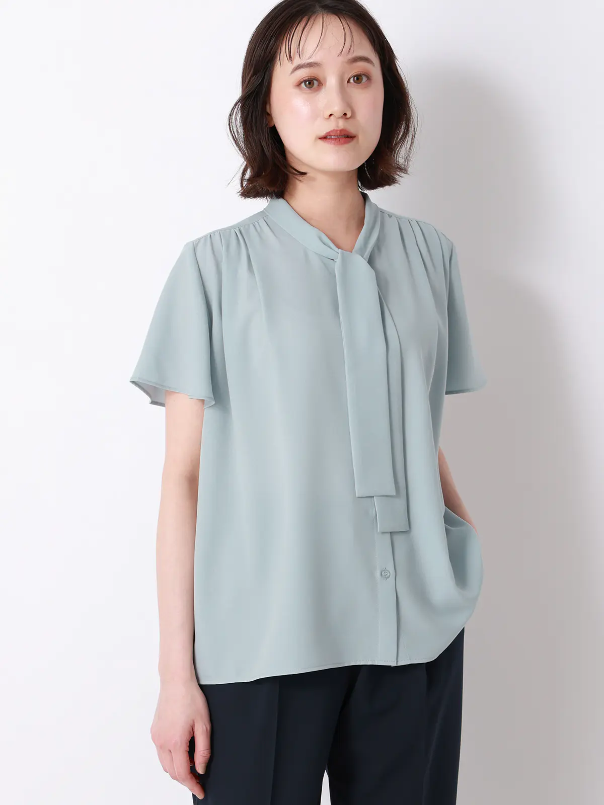 リボンブラウス/半袖/ウォッシャブル/接触冷感/ジョーゼット/無地/BIYORI UP ミント F