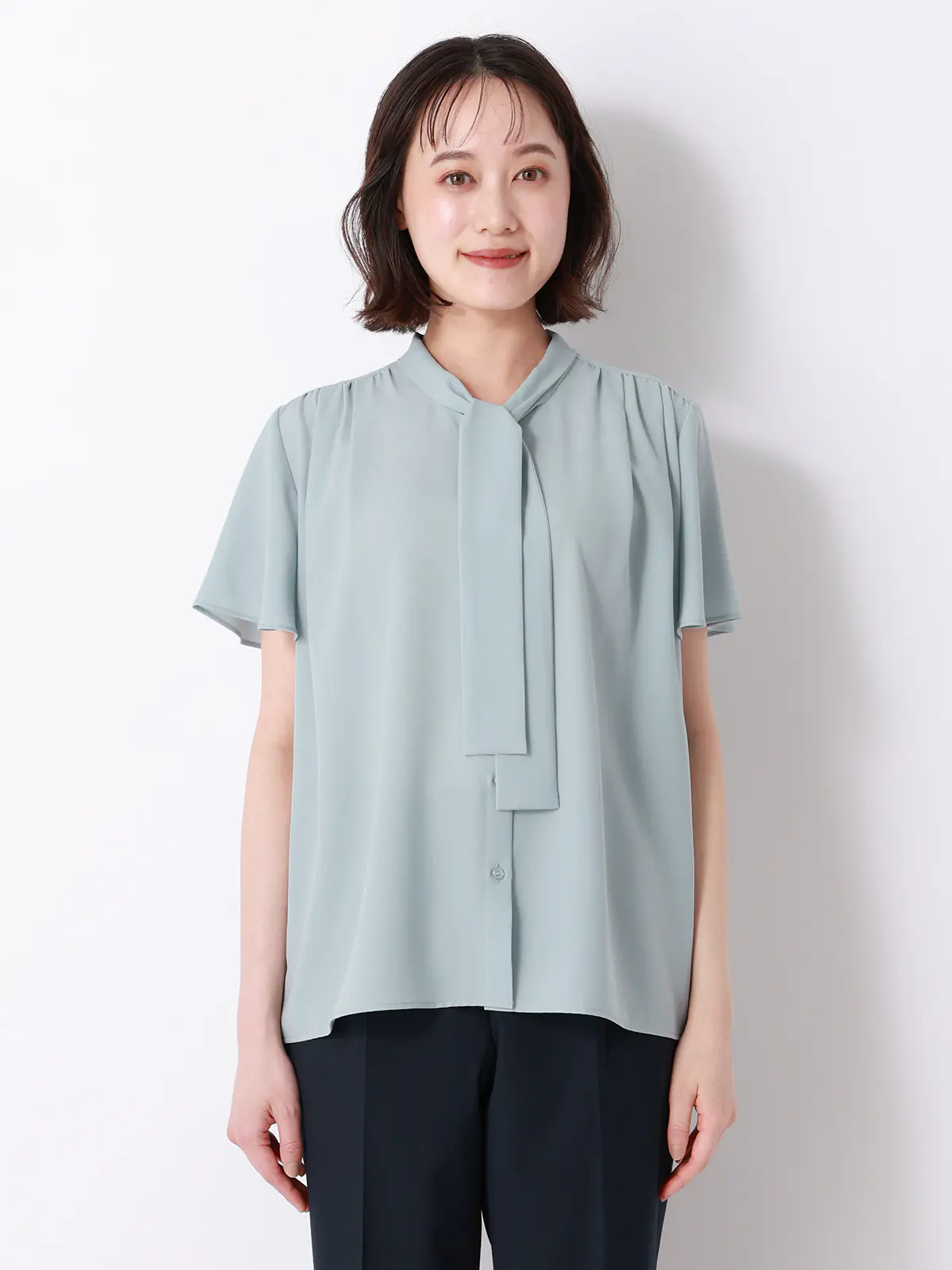 リボンブラウス/半袖/ウォッシャブル/接触冷感/ジョーゼット/無地/BIYORI UP ミント F