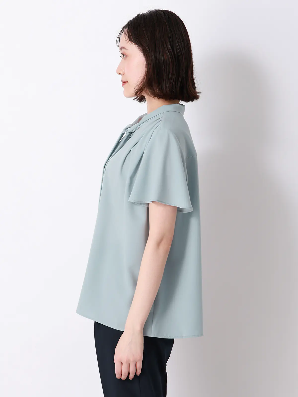 リボンブラウス/半袖/ウォッシャブル/接触冷感/ジョーゼット/無地/BIYORI UP ミント F