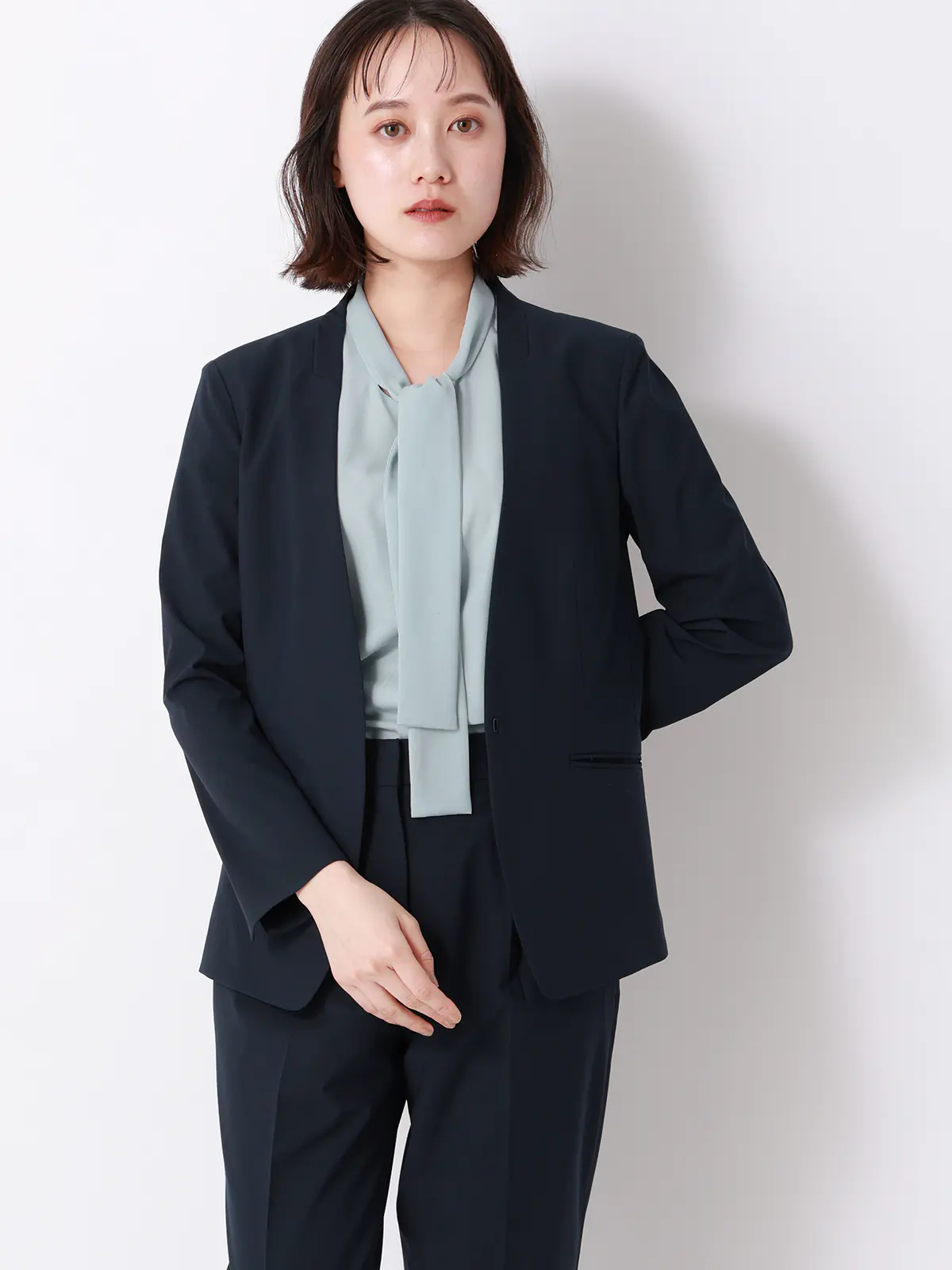 リボンブラウス/半袖/ウォッシャブル/接触冷感/ジョーゼット/無地/BIYORI UP ミント F