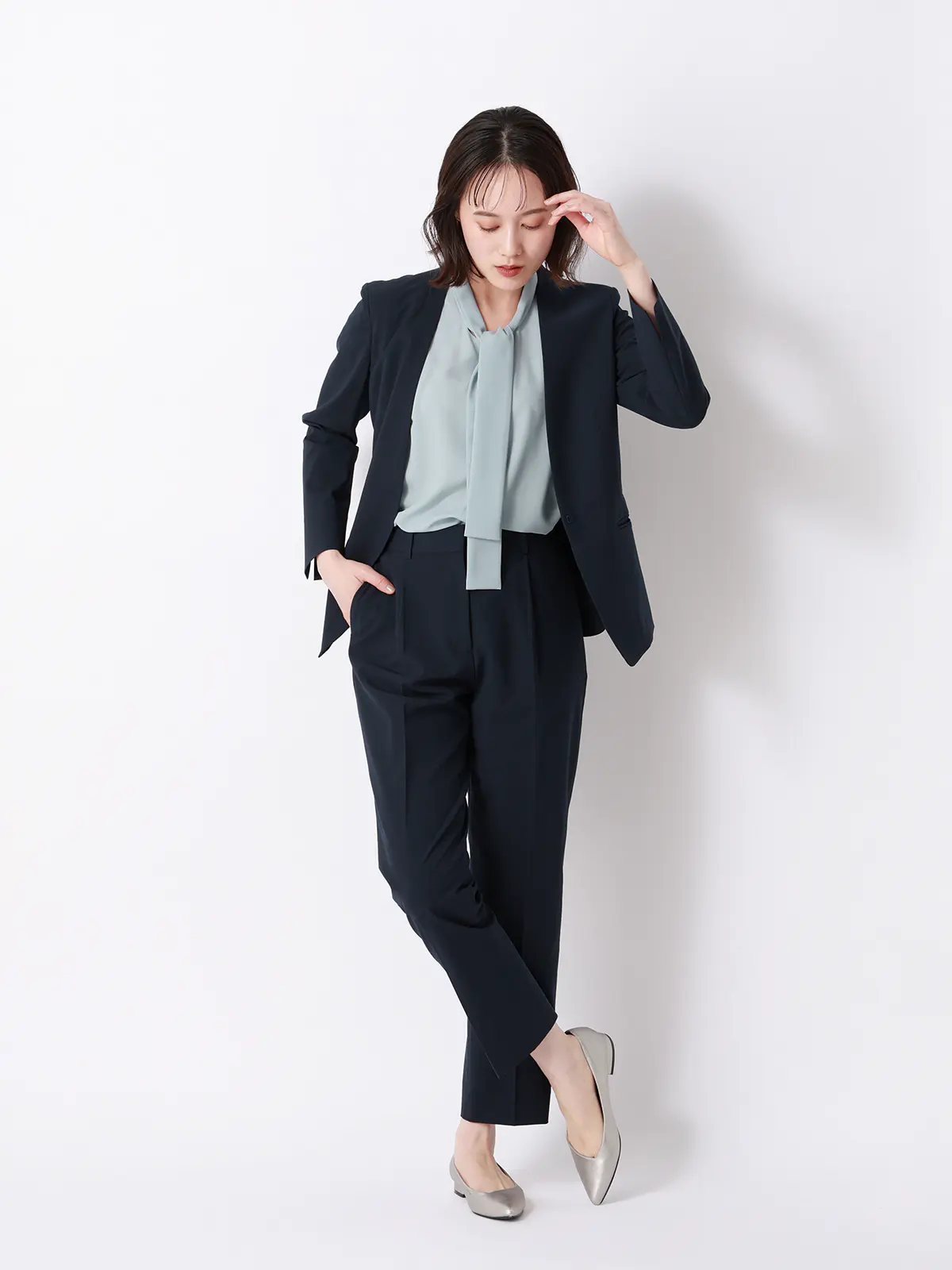 リボンブラウス/半袖/ウォッシャブル/接触冷感/ジョーゼット/無地/BIYORI UP ミント F