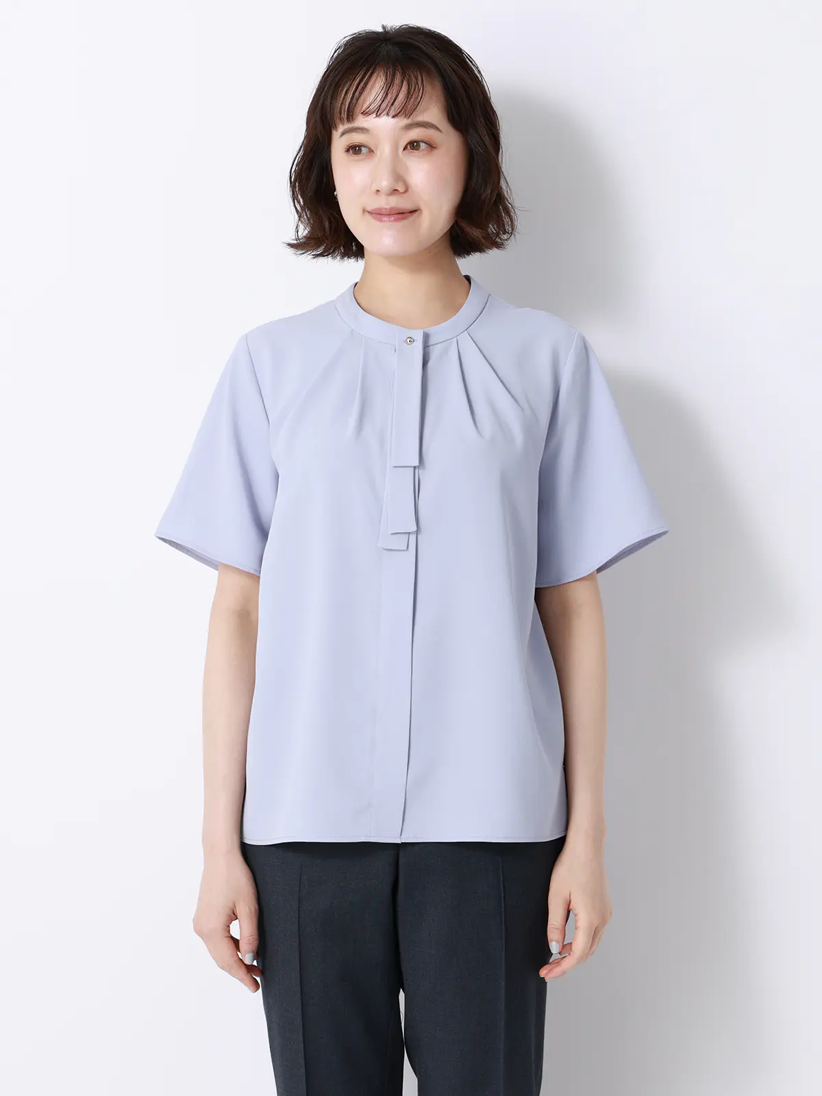 ボウタイブラウス／半袖／ウォッシャブル／接触冷感／UVカット／ジョーゼット／メタルパーツ ラベンダー 38(9号）