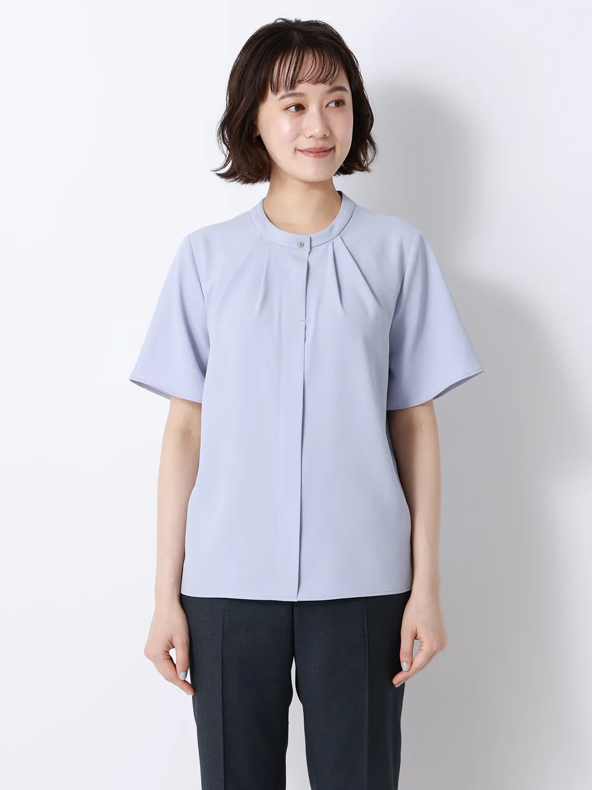 ボウタイブラウス／半袖／ウォッシャブル／接触冷感／UVカット／ジョーゼット／メタルパーツ ラベンダー 38(9号）