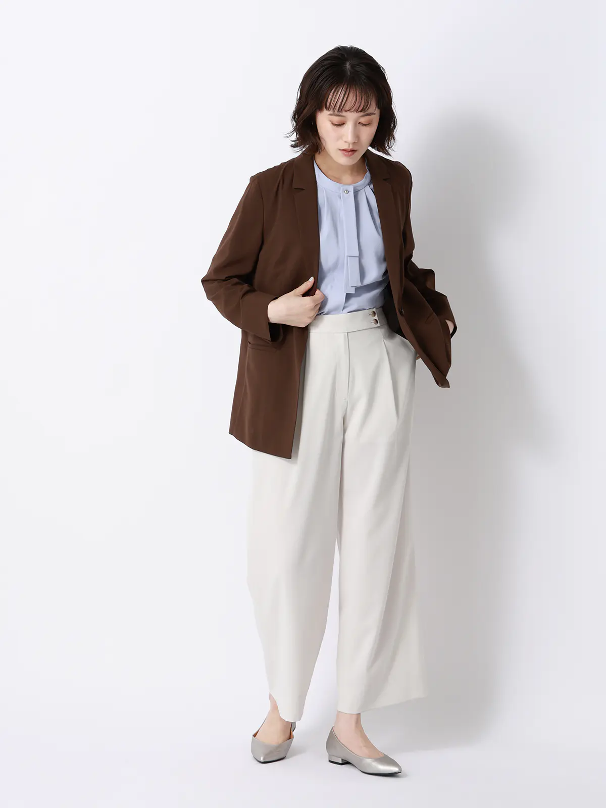 ボウタイブラウス／半袖／ウォッシャブル／接触冷感／UVカット／ジョーゼット／メタルパーツ ラベンダー 38(9号）