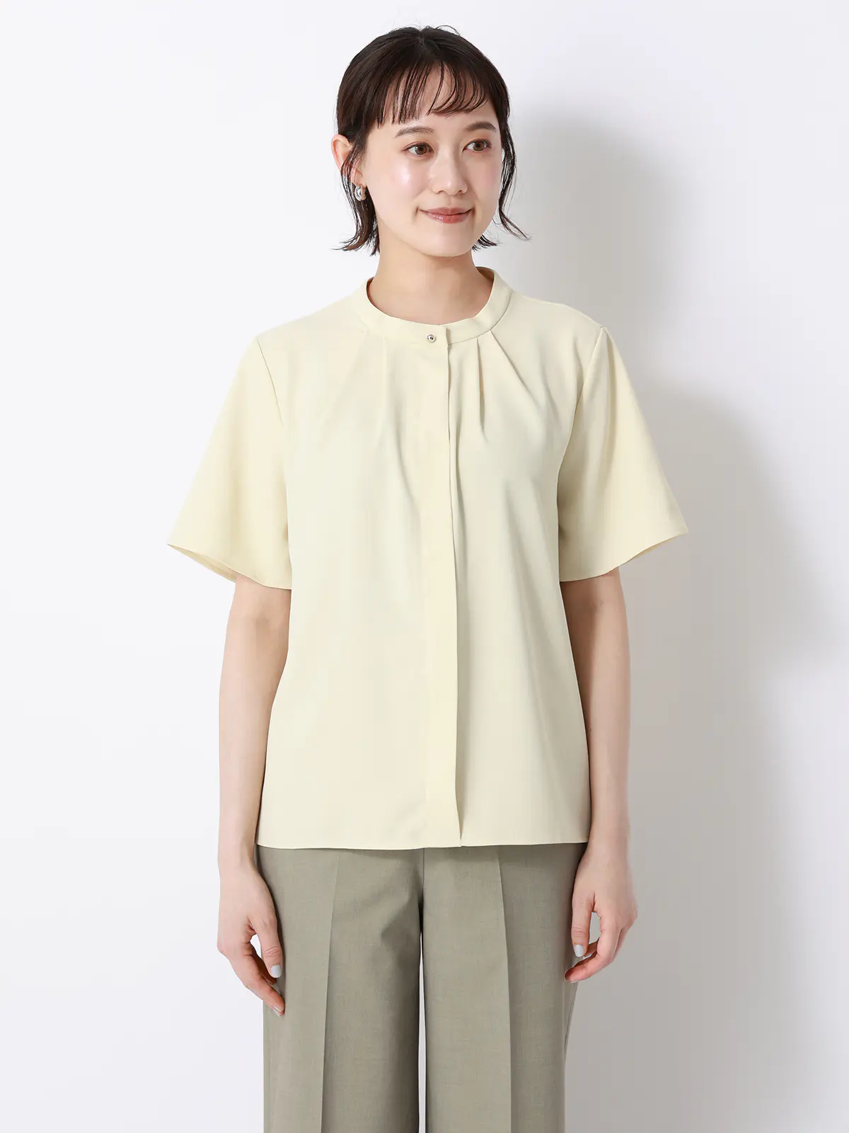 ボウタイブラウス／半袖／ウォッシャブル／接触冷感／UVカット／ジョーゼット／メタルパーツ イエロー 38(9号）