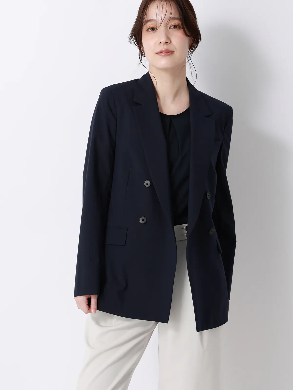 みんなのブラウス／クルーネックタックブラウス／半袖／ウォッシャブル／接触冷感／無地 ネイビー M