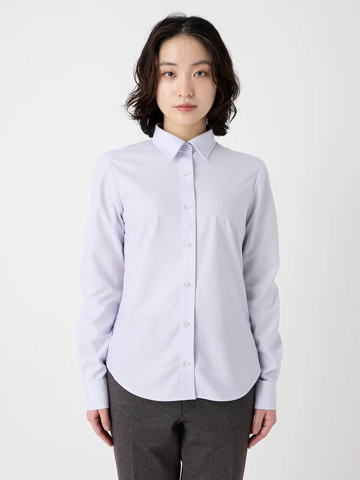 レギュラーカラーシャツ/長袖/形態安定/ノンアイロン/ストレッチ/ストライプ/Blouse パープル 40(11号)