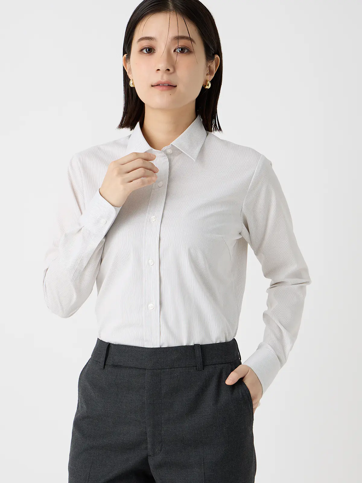 レギュラーカラーシャツ/長袖/形態安定/ノンアイロン/ストレッチ/ストライプ/Blouse ブラウン 36(7号)