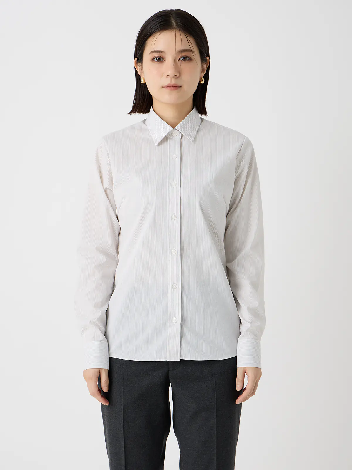 レギュラーカラーシャツ/長袖/形態安定/ノンアイロン/ストレッチ/ストライプ/Blouse ブラウン 36(7号)