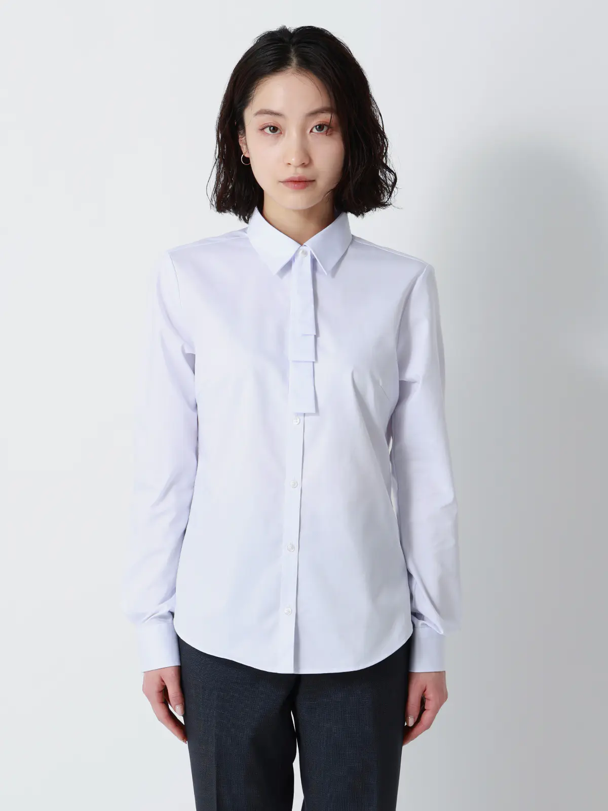 ボウタイ付きレギュラーカラーシャツ／長袖／Easy Care Stretch Blouse／ 織柄 ラベンダー 38(9号）