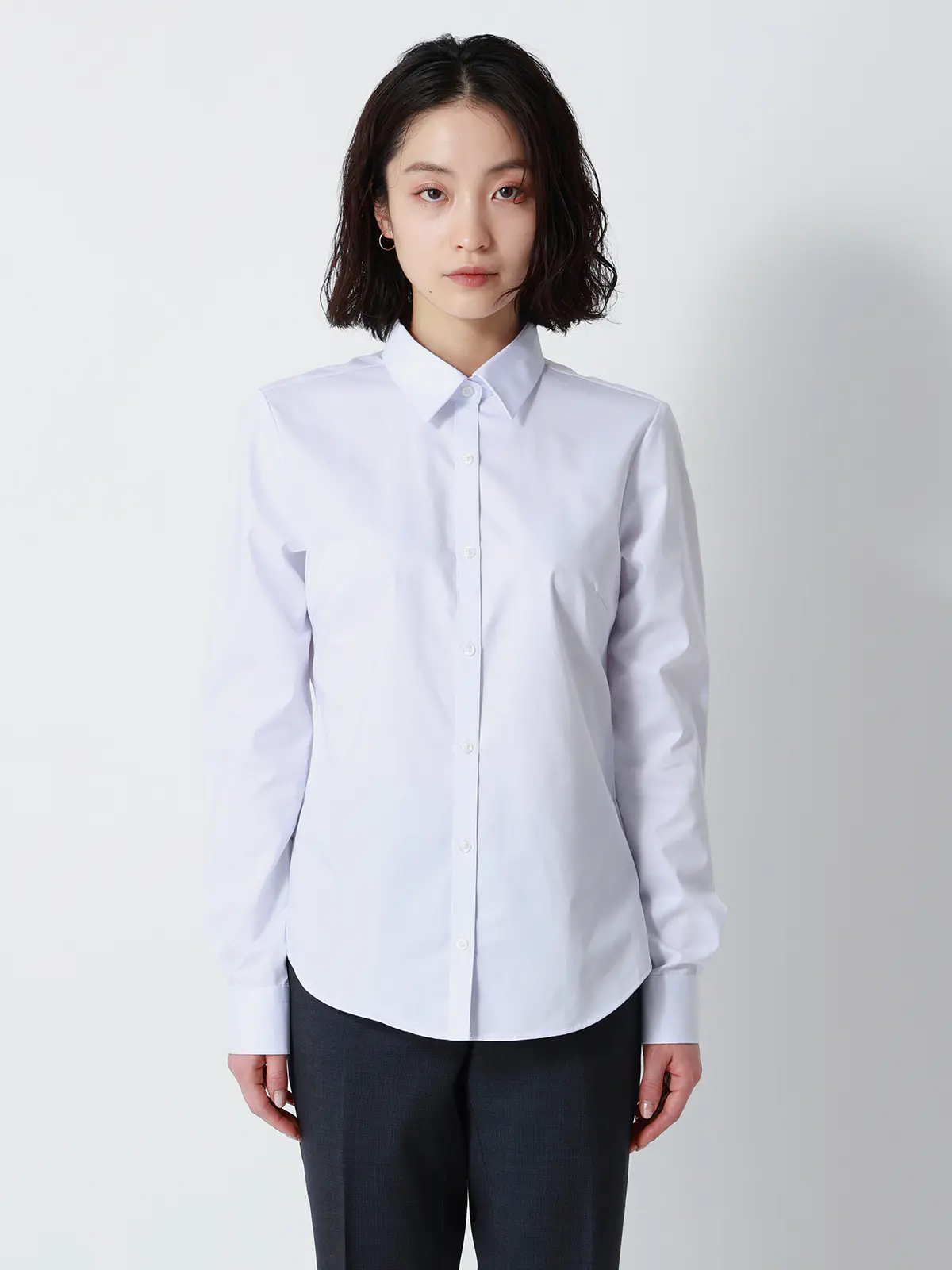 ボウタイ付きレギュラーカラーシャツ／長袖／Easy Care Stretch Blouse／ 織柄 ラベンダー 38(9号）