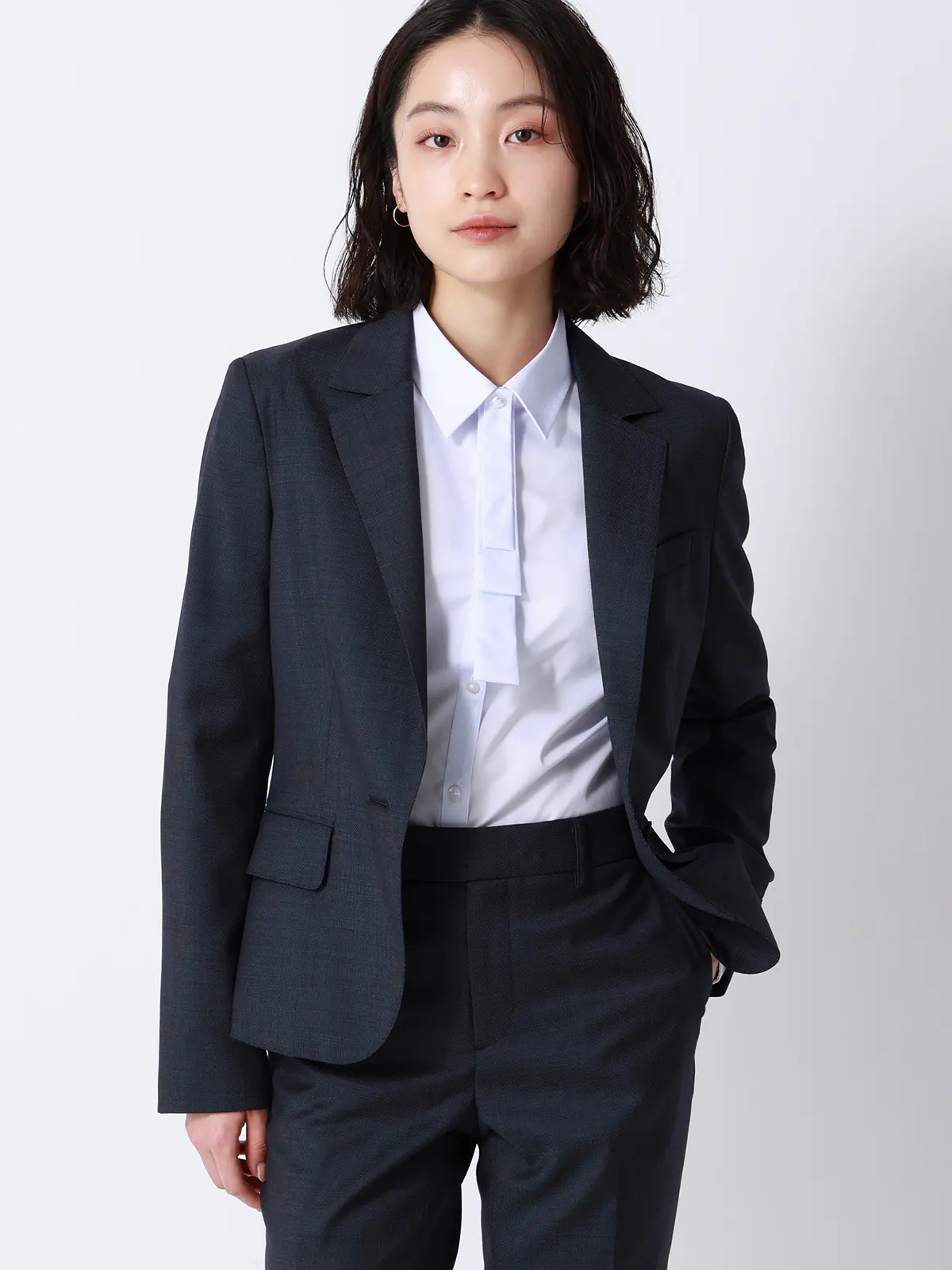 ボウタイ付きレギュラーカラーシャツ／長袖／Easy Care Stretch Blouse／ 織柄 ラベンダー 38(9号）