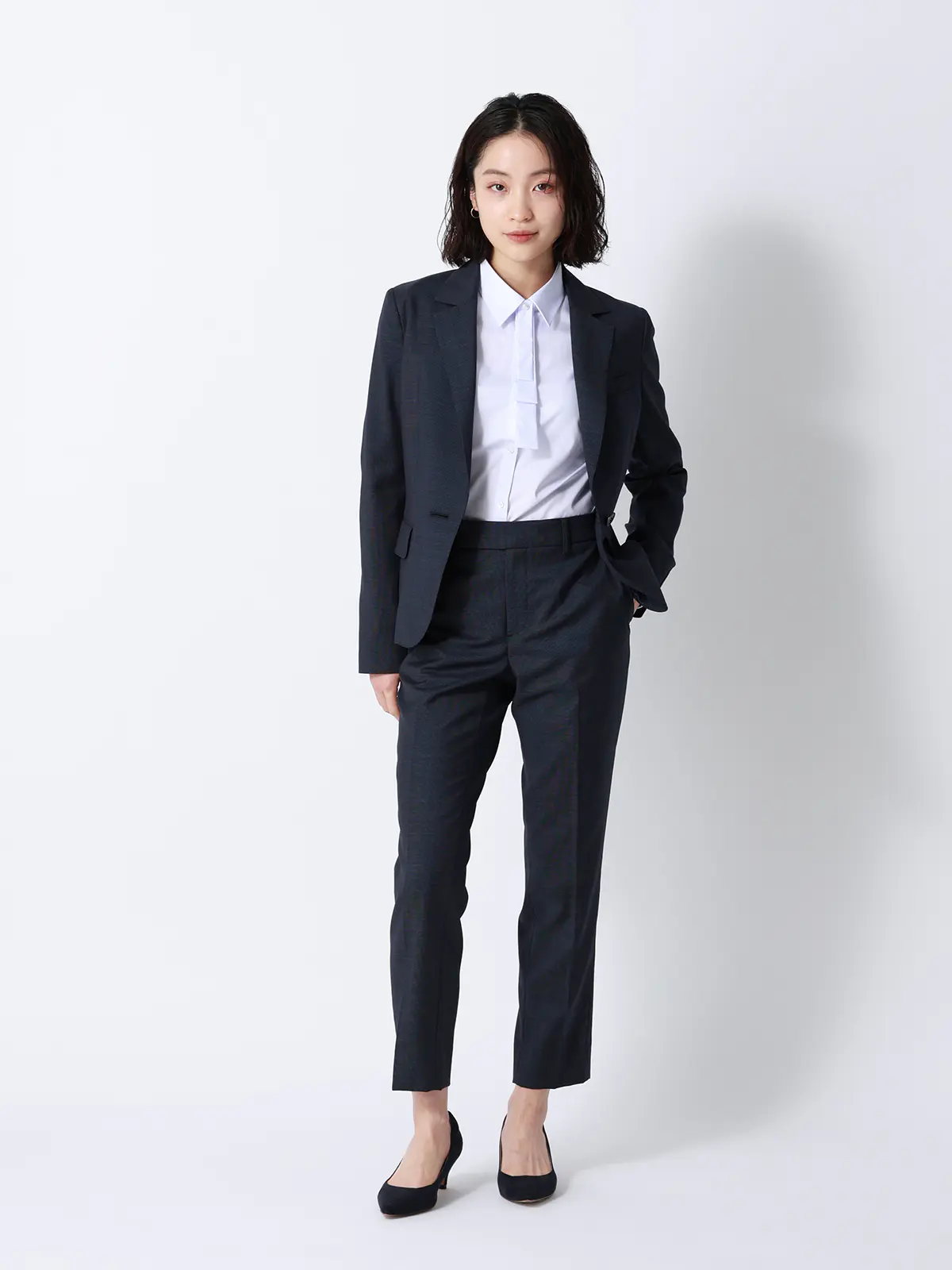 ボウタイ付きレギュラーカラーシャツ／長袖／Easy Care Stretch Blouse／ 織柄 ラベンダー 38(9号）