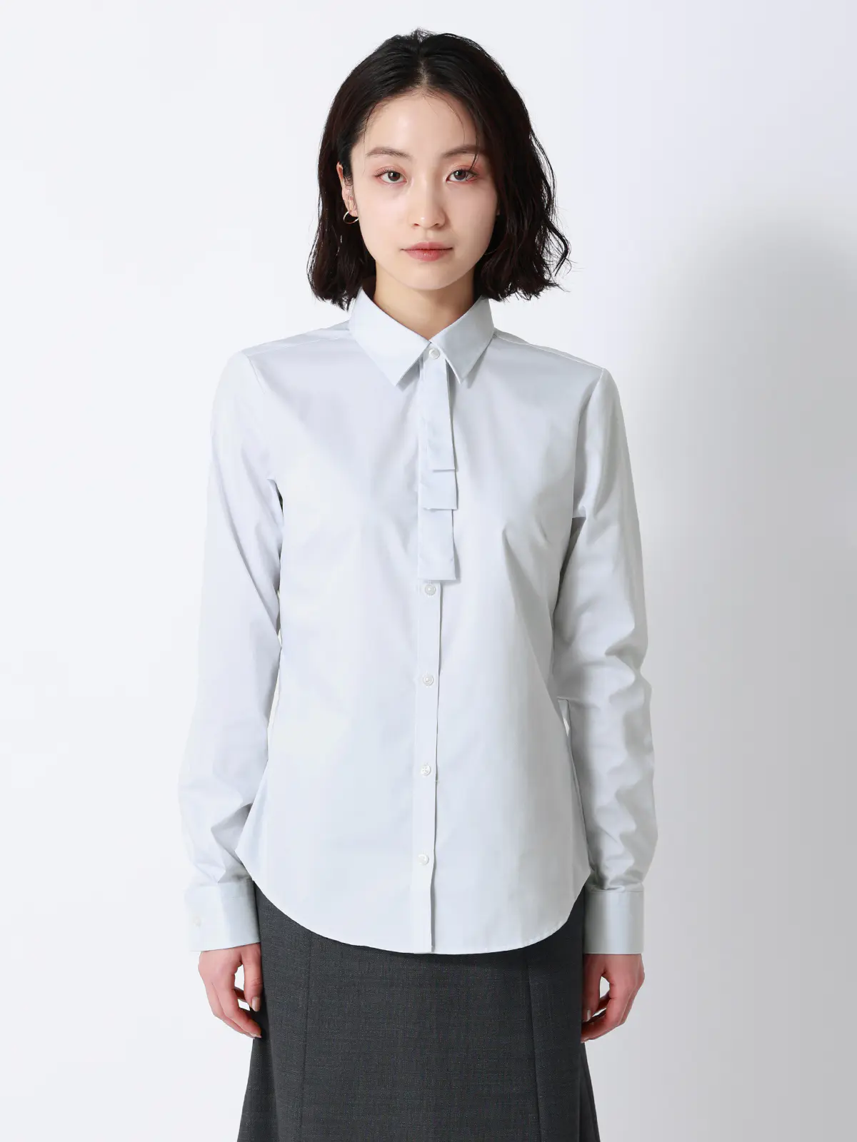 ボウタイ付きレギュラーカラーシャツ／長袖／Easy Care Stretch Blouse／ 織柄 ライトグレー 36(7号）