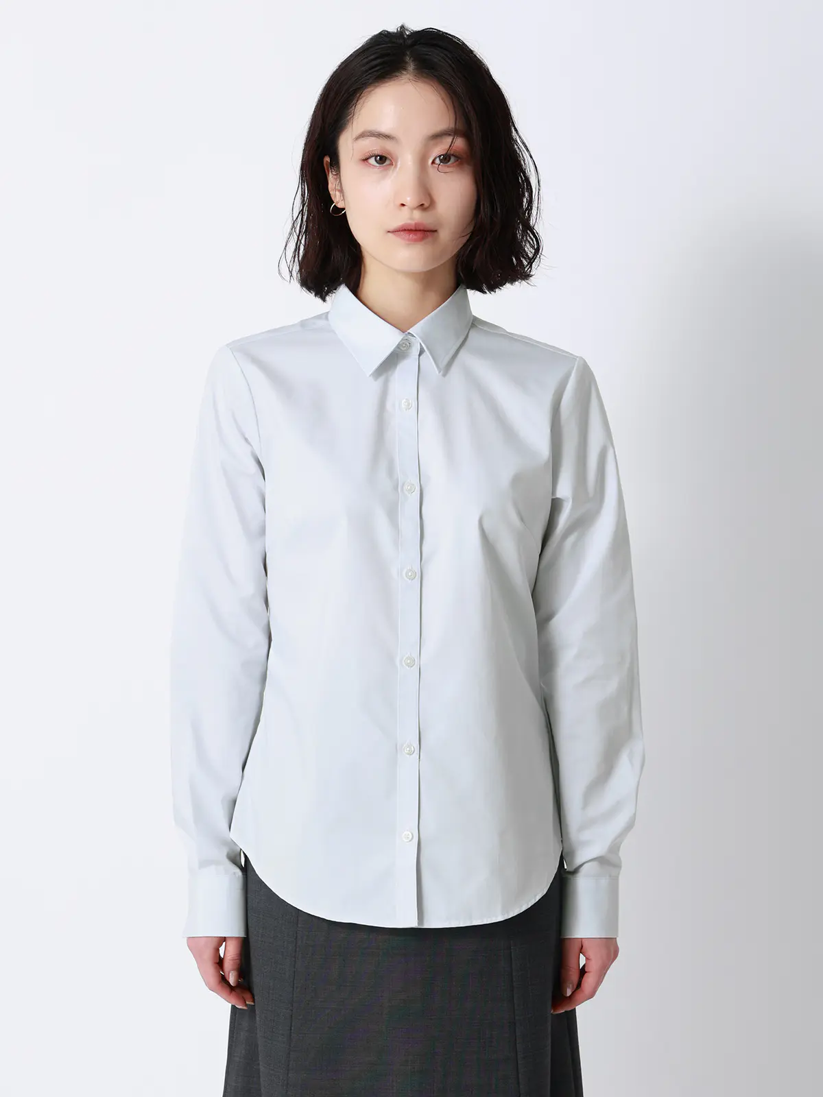 ボウタイ付きレギュラーカラーシャツ／長袖／Easy Care Stretch Blouse／ 織柄 ライトグレー 36(7号）