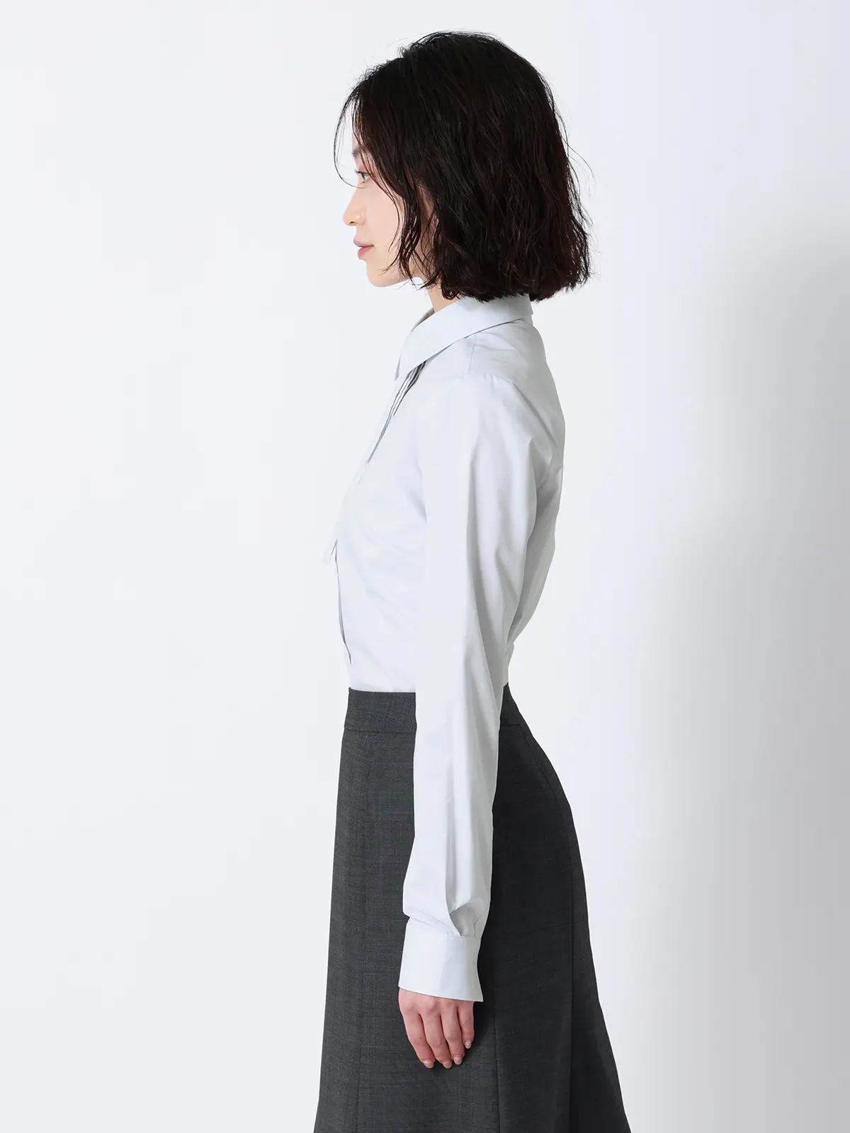 ボウタイ付きレギュラーカラーシャツ／長袖／Easy Care Stretch Blouse／ 織柄 ライトグレー 36(7号）