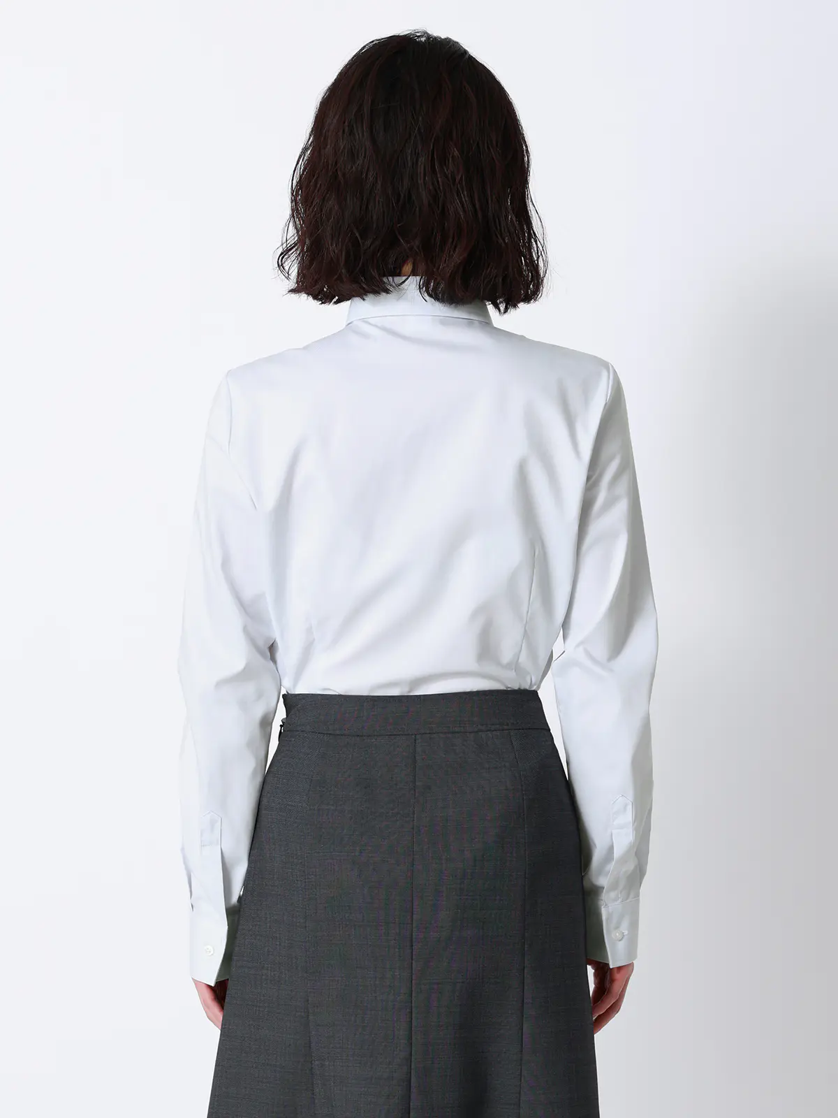 ボウタイ付きレギュラーカラーシャツ／長袖／Easy Care Stretch Blouse／ 織柄 ライトグレー 36(7号）
