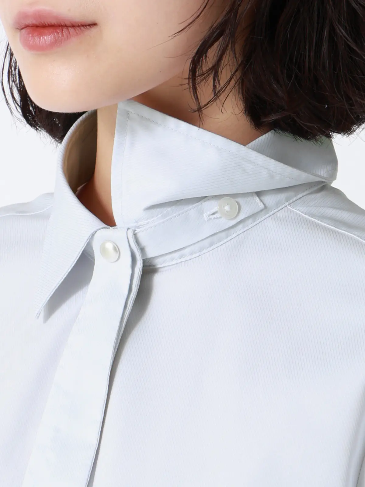 ボウタイ付きレギュラーカラーシャツ／長袖／Easy Care Stretch Blouse／ 織柄 ライトグレー 36(7号）