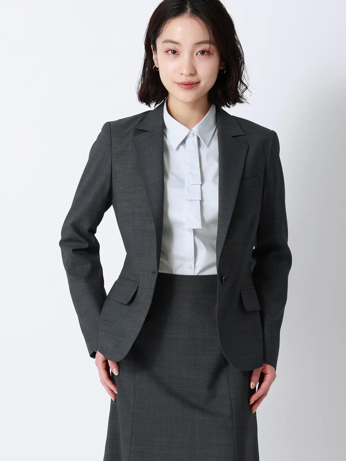 ボウタイ付きレギュラーカラーシャツ／長袖／Easy Care Stretch Blouse／ 織柄 ライトグレー 36(7号）