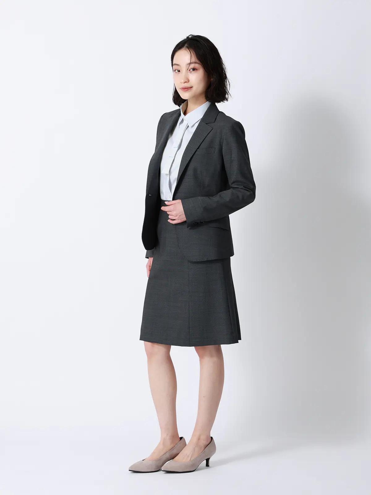 ボウタイ付きレギュラーカラーシャツ／長袖／Easy Care Stretch Blouse／ 織柄 ライトグレー 36(7号）