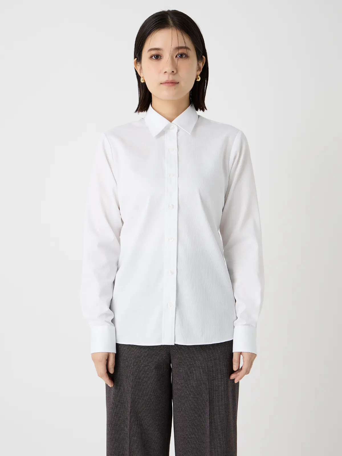 レギュラーカラーシャツ/長袖/形態安定/ノンアイロン/ストレッチ/織柄/Blouse ホワイト 42(13号)