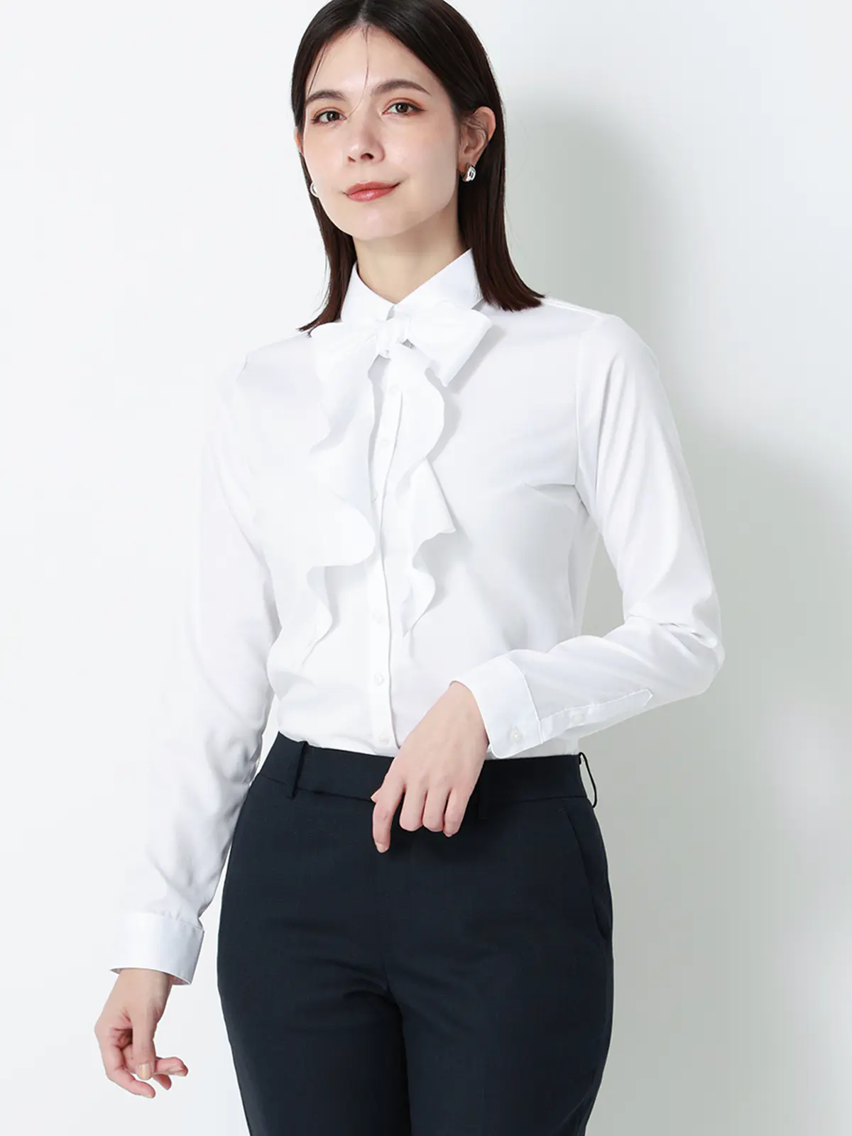 リボン付きレギュラーカラーシャツ/長袖/Easy Care Stretch Blouse/UVカット ホワイト 36(7号)