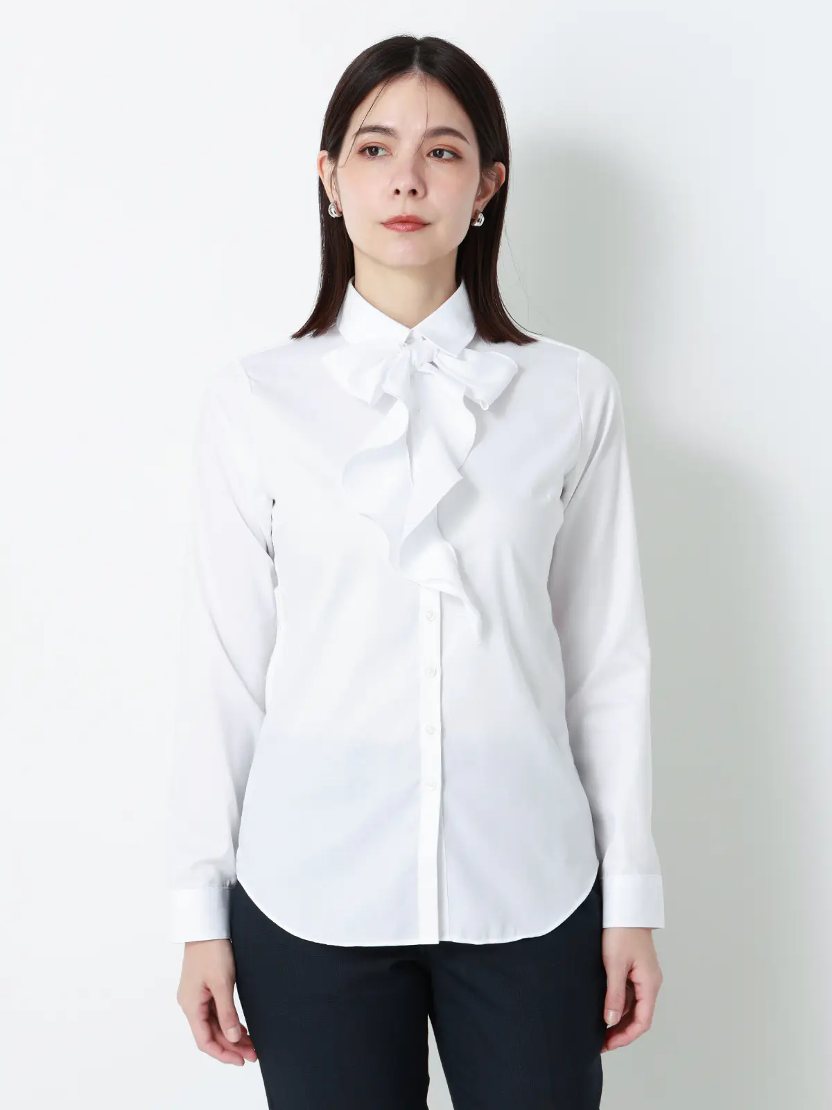 リボン付きレギュラーカラーシャツ/長袖/Easy Care Stretch Blouse/UVカット ホワイト 36(7号)