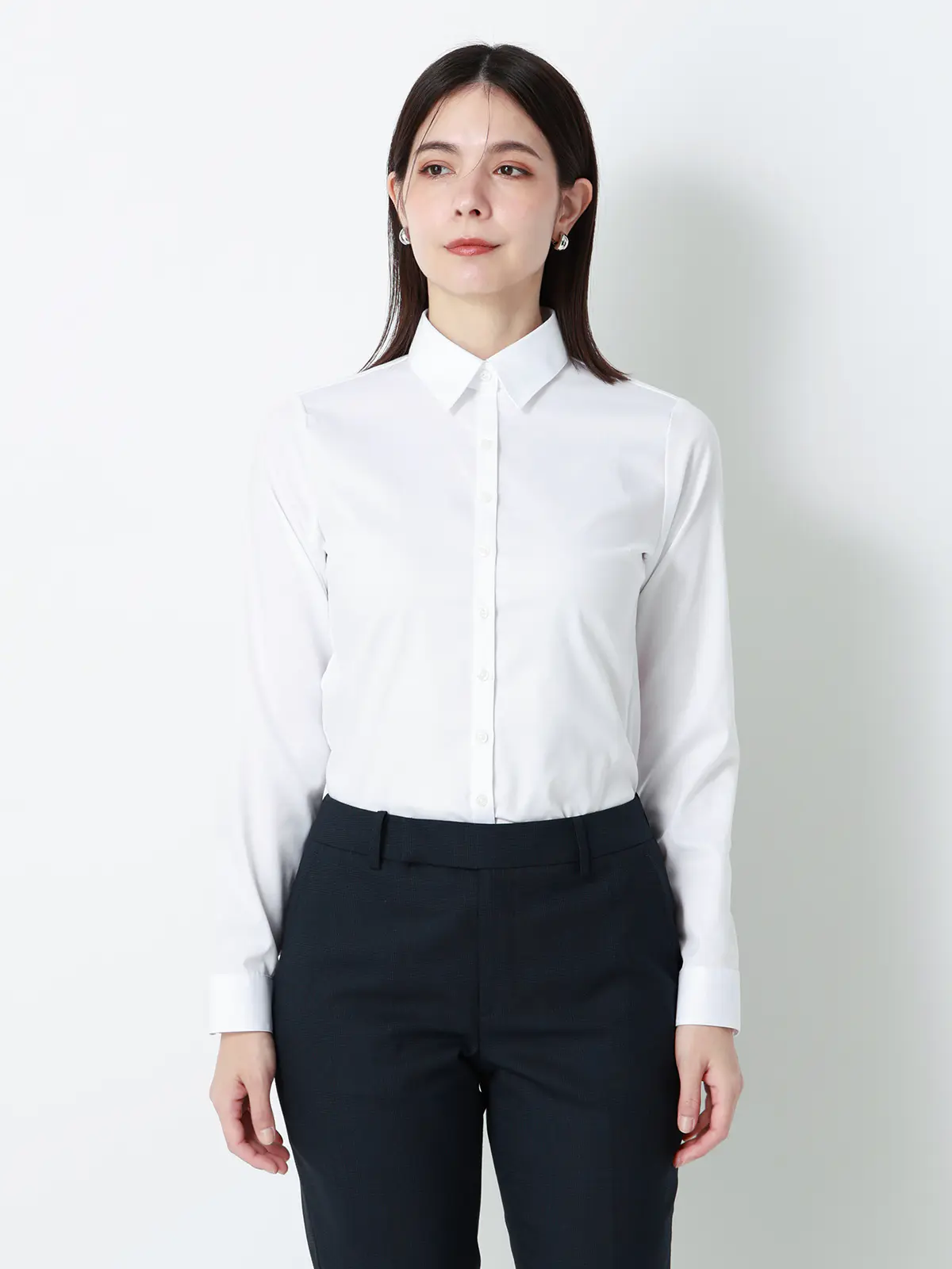 リボン付きレギュラーカラーシャツ/長袖/Easy Care Stretch Blouse/UVカット ホワイト 36(7号)