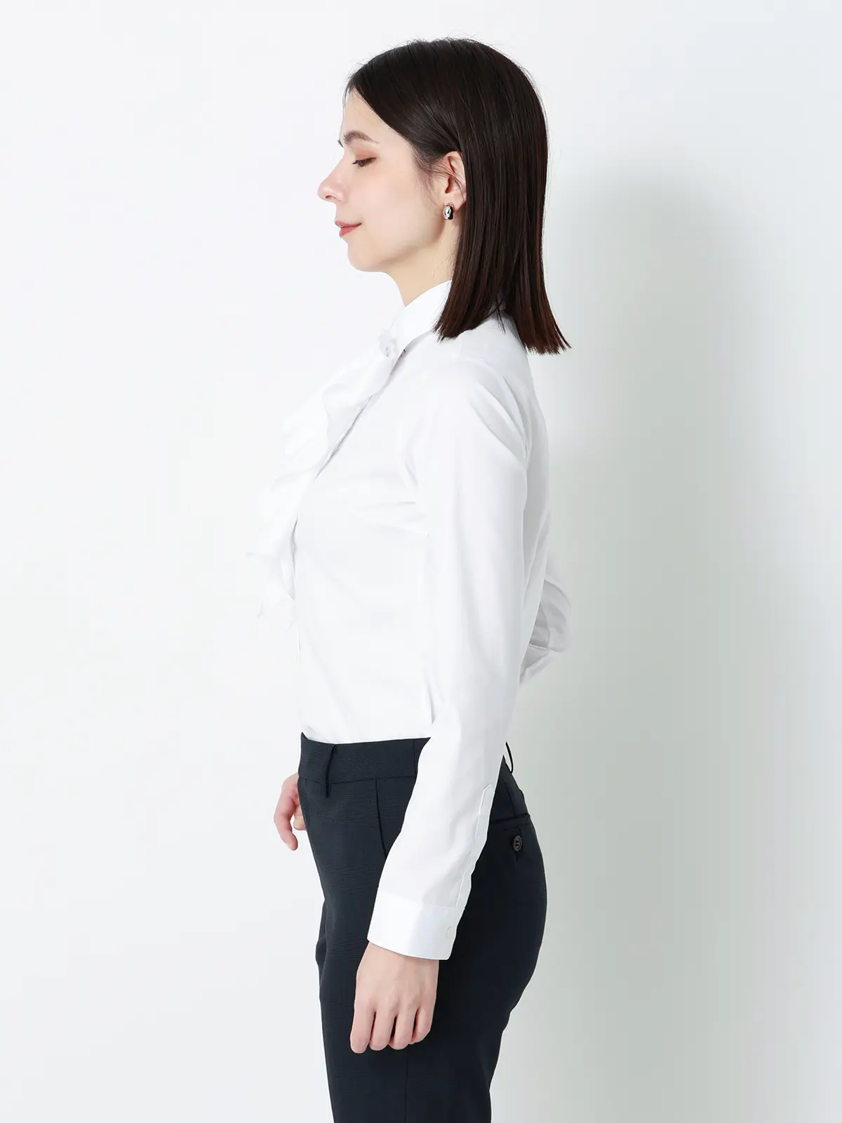 リボン付きレギュラーカラーシャツ/長袖/Easy Care Stretch Blouse/UVカット ホワイト 36(7号)