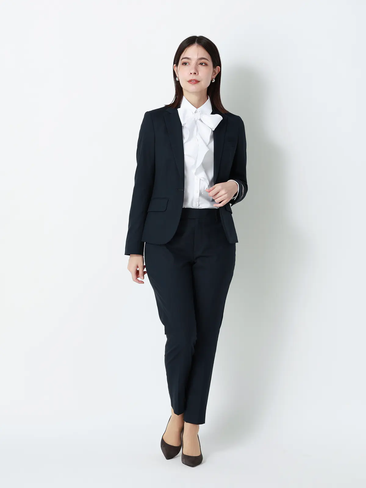 リボン付きレギュラーカラーシャツ/長袖/Easy Care Stretch Blouse/UVカット ホワイト 36(7号)