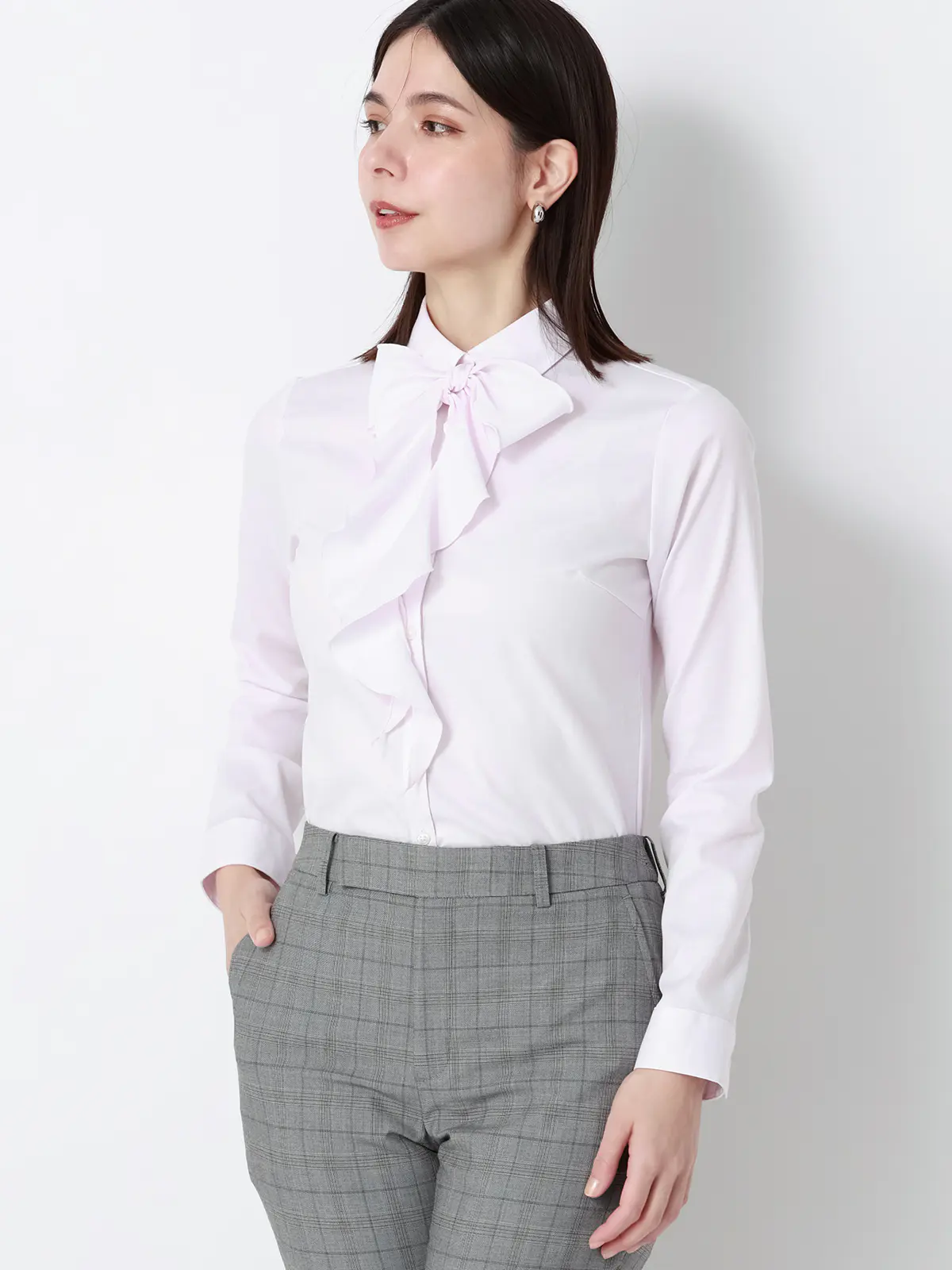 リボン付きレギュラーカラーシャツ/長袖/Easy Care Stretch Blouse/UVカット ピンク 36(7号)