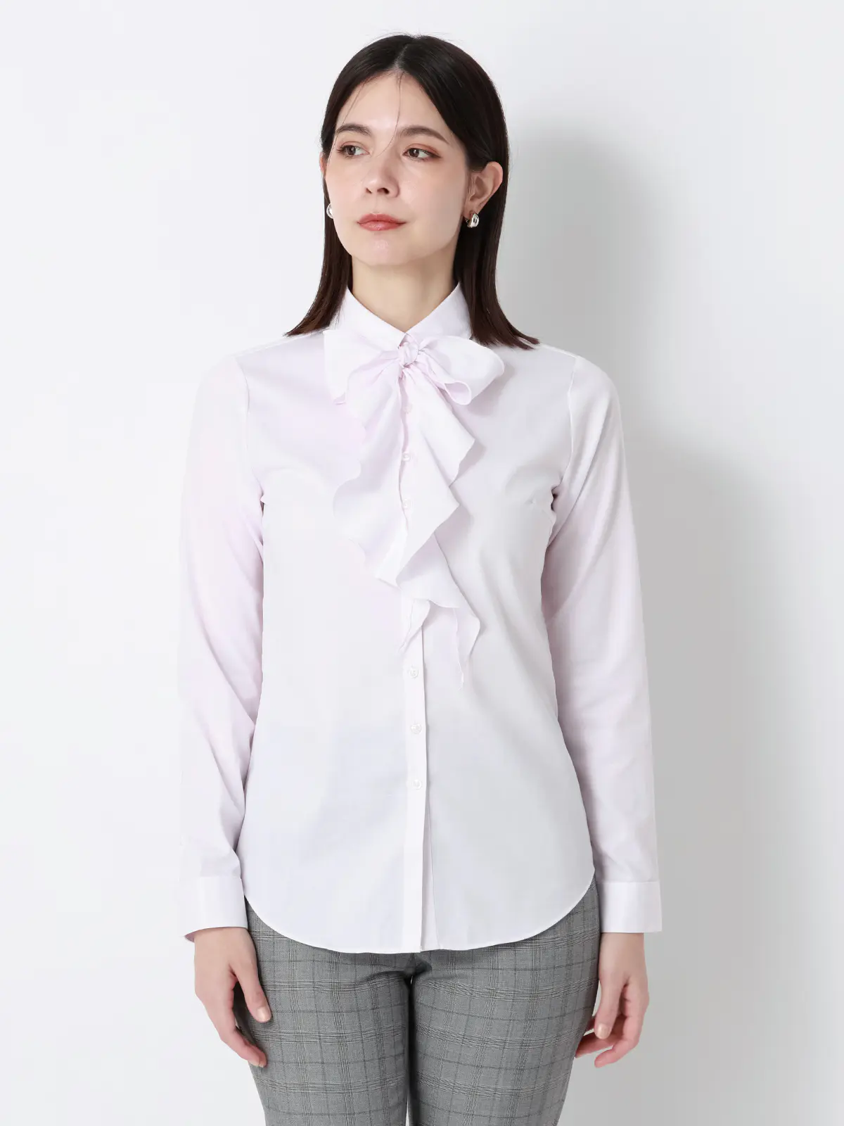 リボン付きレギュラーカラーシャツ/長袖/Easy Care Stretch Blouse/UVカット ピンク 36(7号)